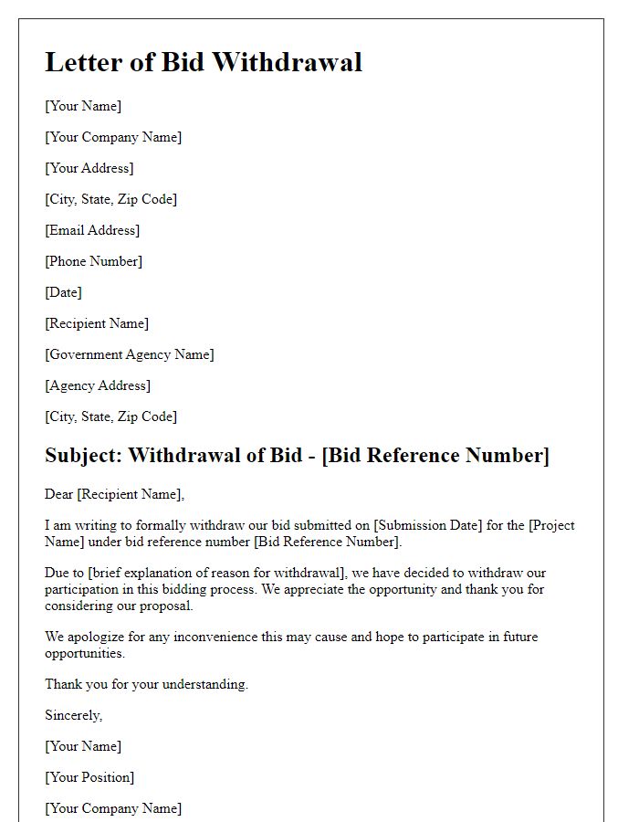 Letter template of bid withdrawal for government contracts