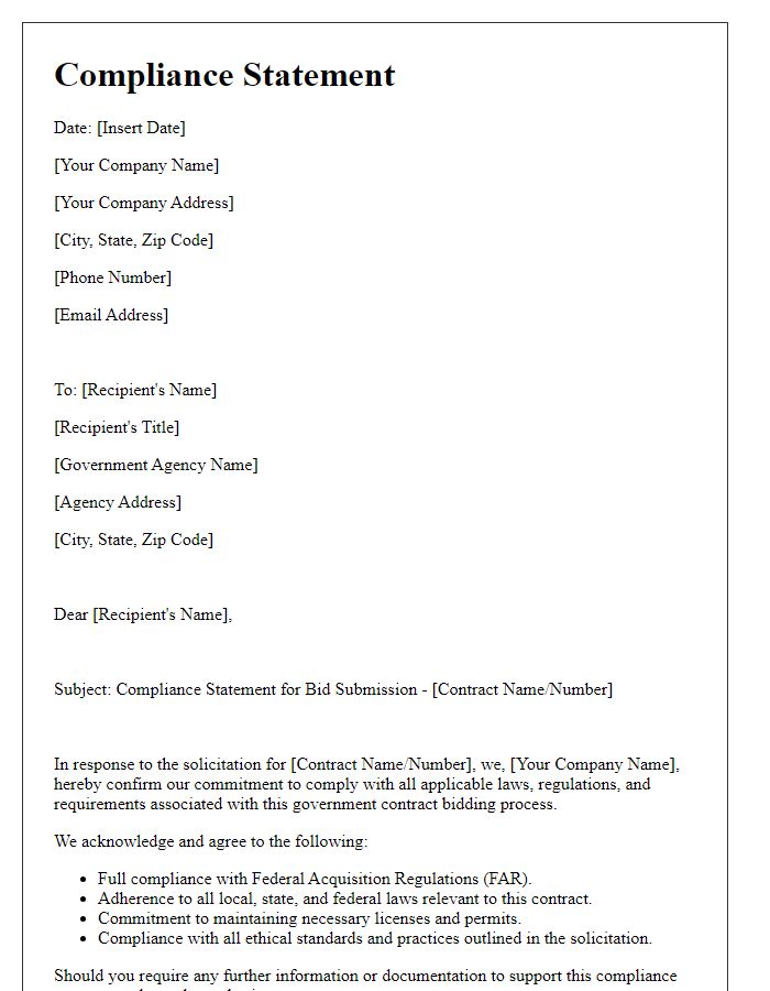 Letter template of compliance statement for government contract bidding