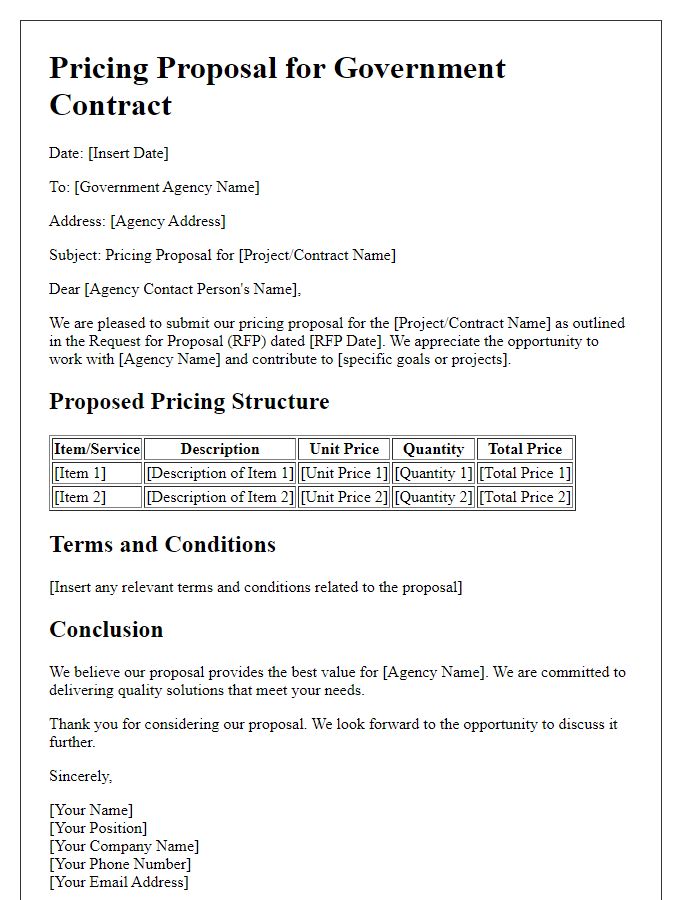 Letter template of pricing proposal for government contracts