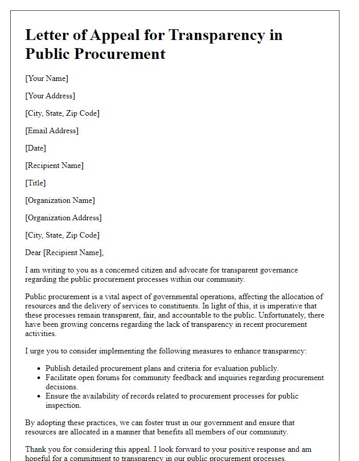 Letter template of appeal for transparency in public procurement