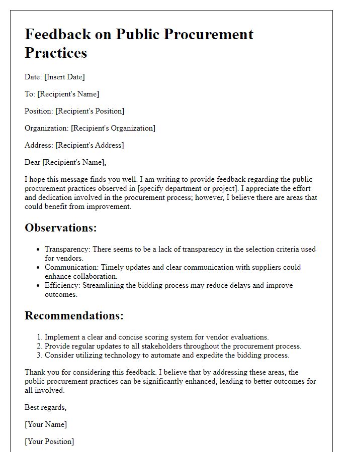 Letter template of feedback on public procurement practices