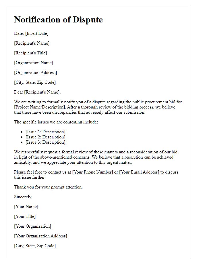 Letter template of notification for public procurement bid disputes