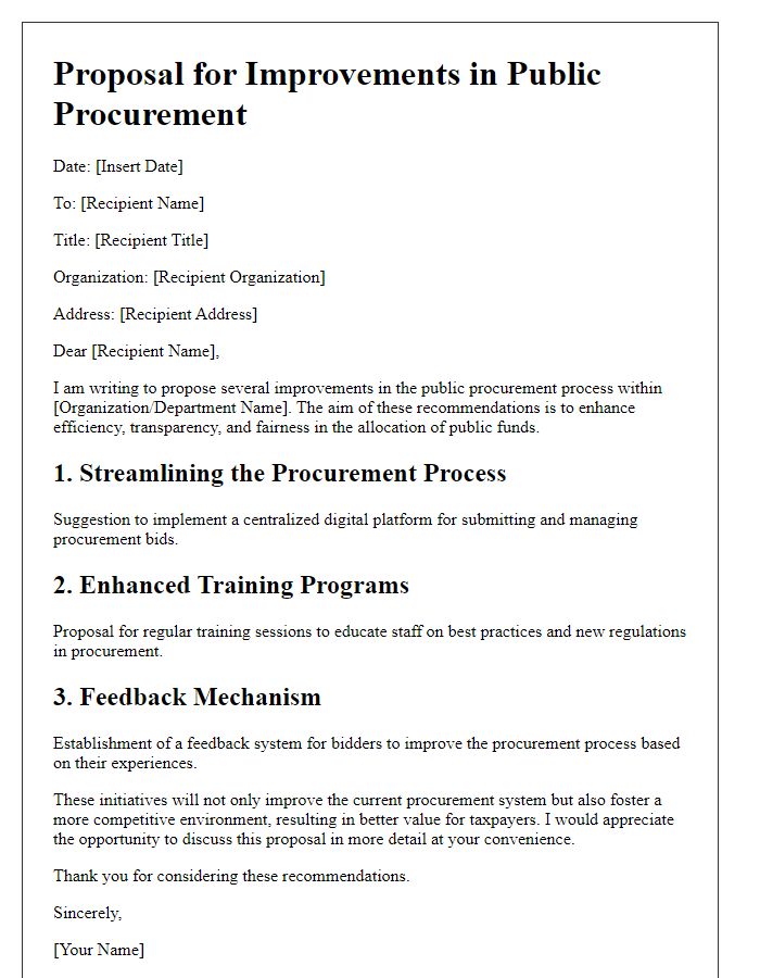 Letter template of proposal for improvements in public procurement