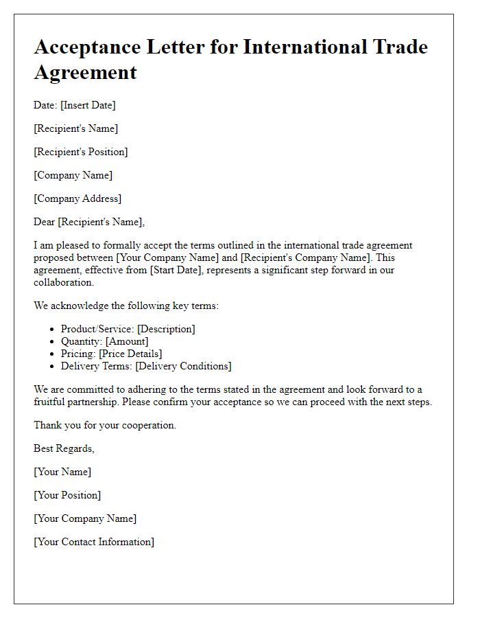 Letter template of acceptance for international trade agreements