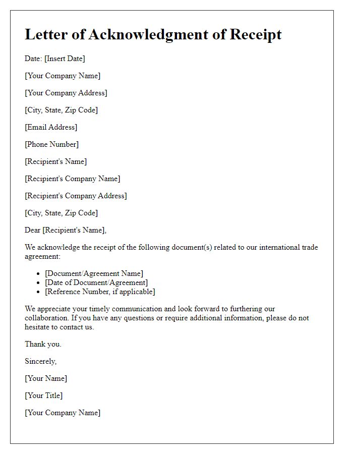 Letter template of acknowledgment of receipt for international trade agreements