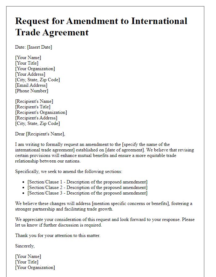 Letter template of amendment request for international trade agreements