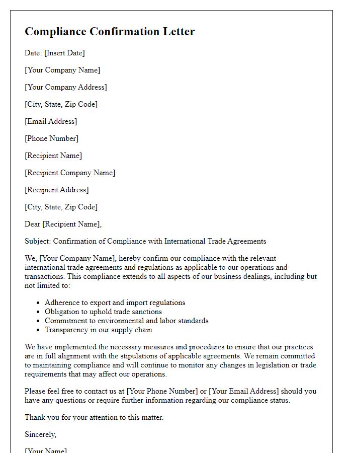 Letter template of compliance confirmation for international trade agreements