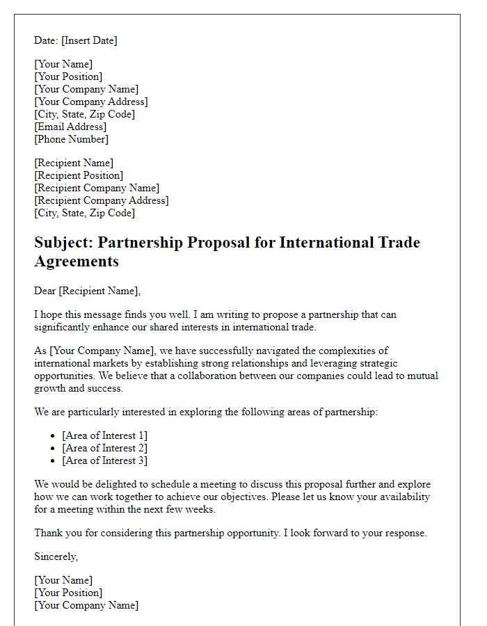 Letter template of partnership proposal for international trade agreements