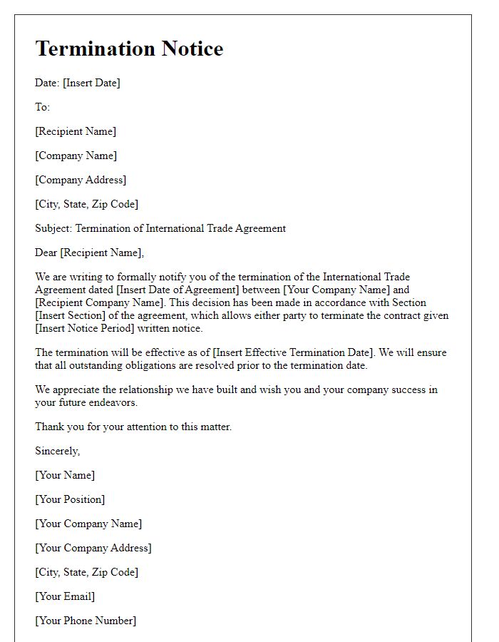 Letter template of termination notice for international trade agreements