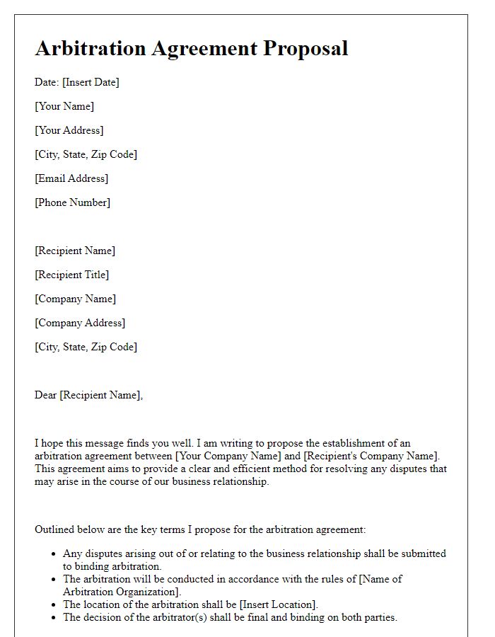 Letter template of arbitration agreement proposal