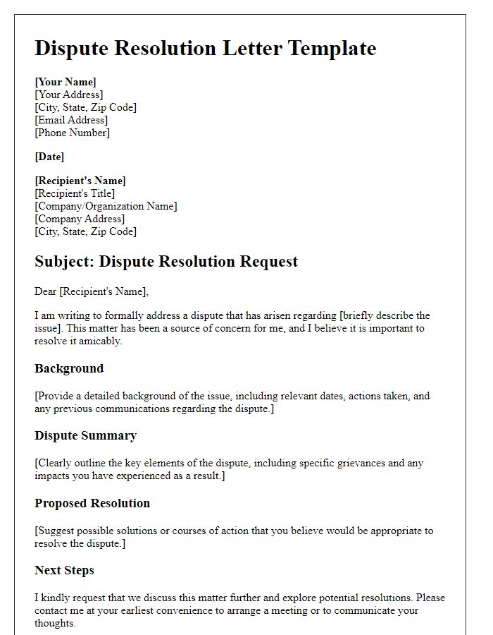 Letter template of dispute resolution outline