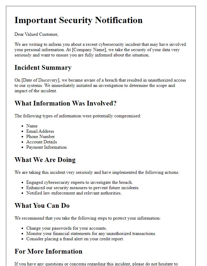 Letter template of cybersecurity breach notification for customers