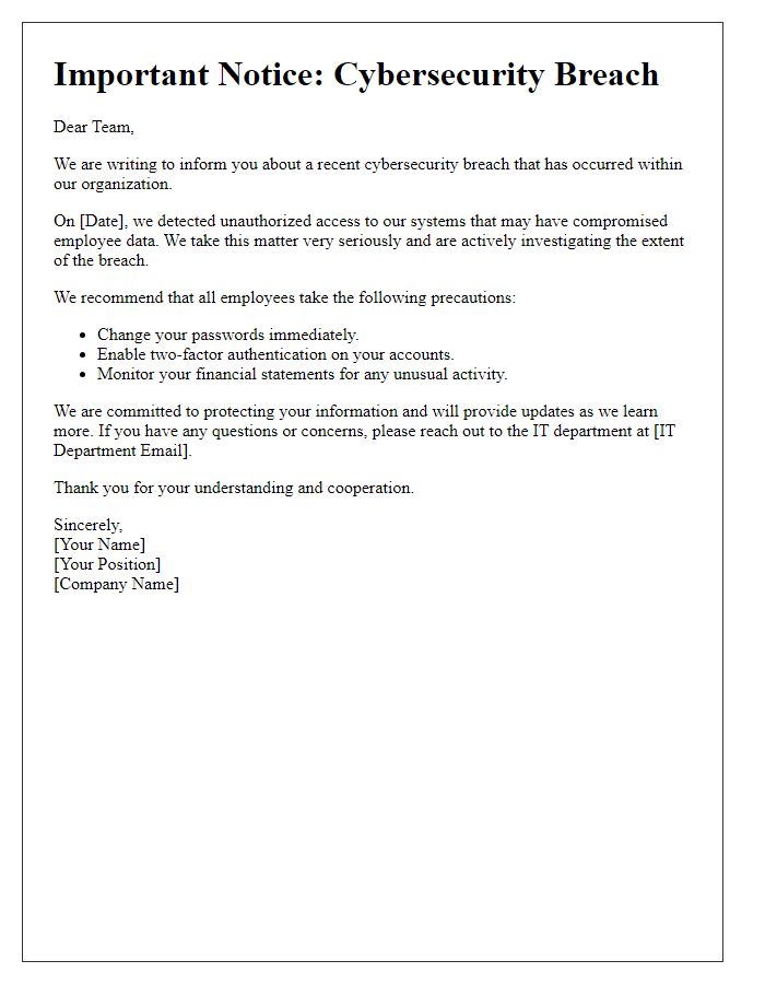 Letter template of cybersecurity breach notification for employees