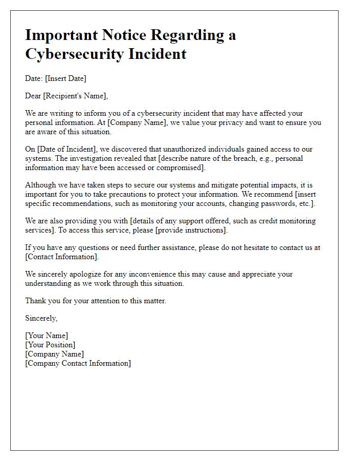 Letter template of cybersecurity breach notification for individuals