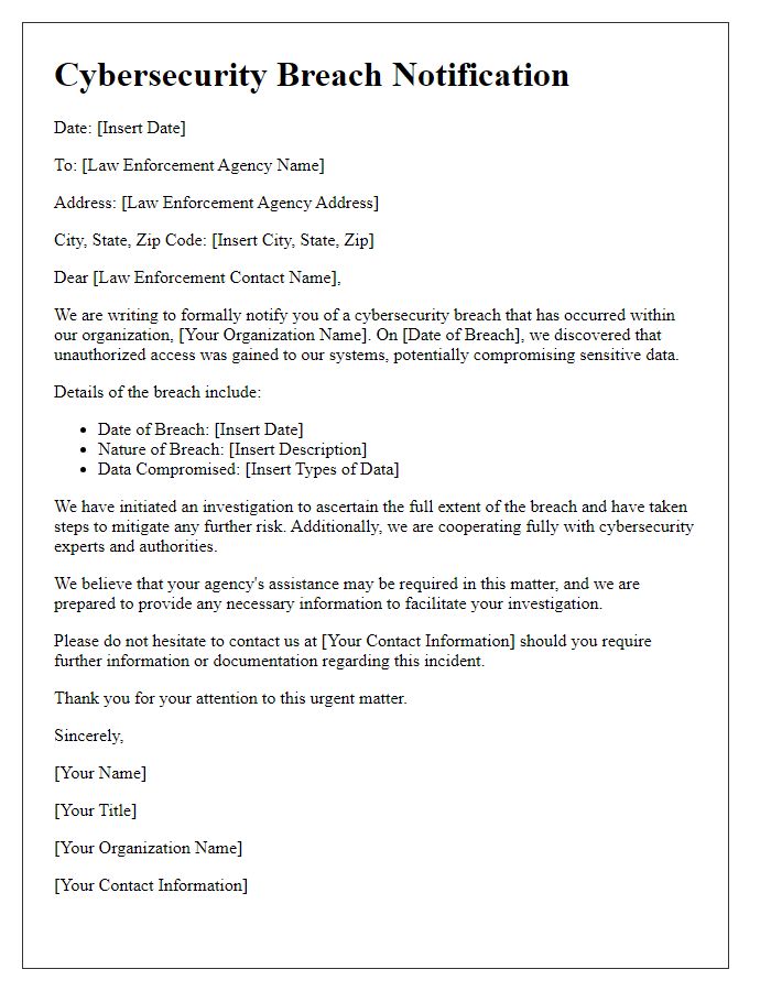 Letter template of cybersecurity breach notification for law enforcement