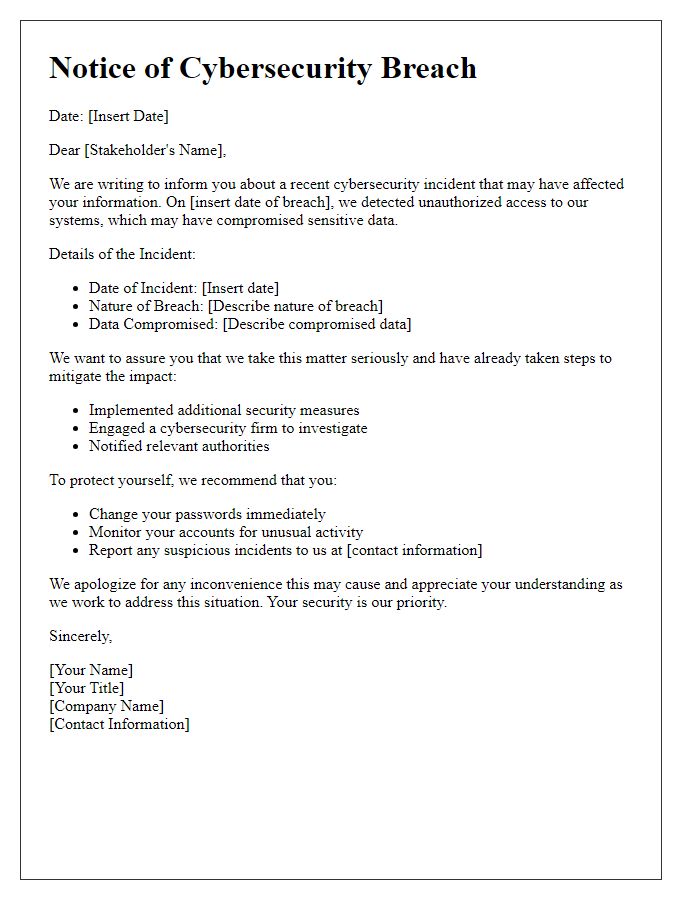 Letter template of cybersecurity breach notification for stakeholders