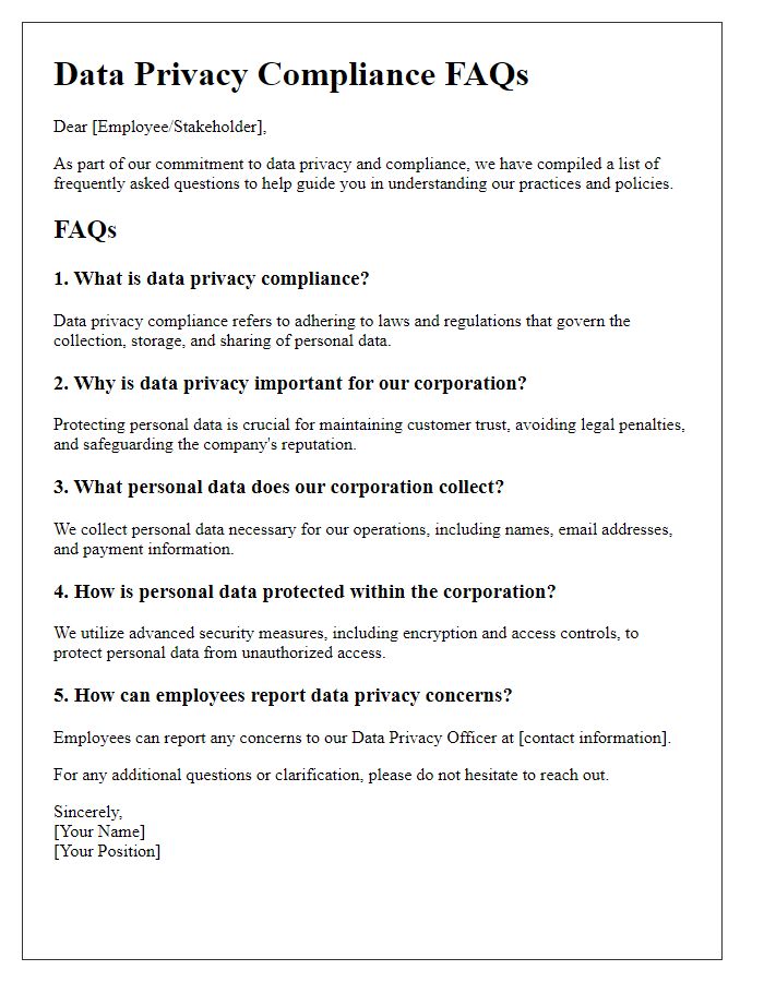 Letter template of data privacy compliance FAQs for corporations