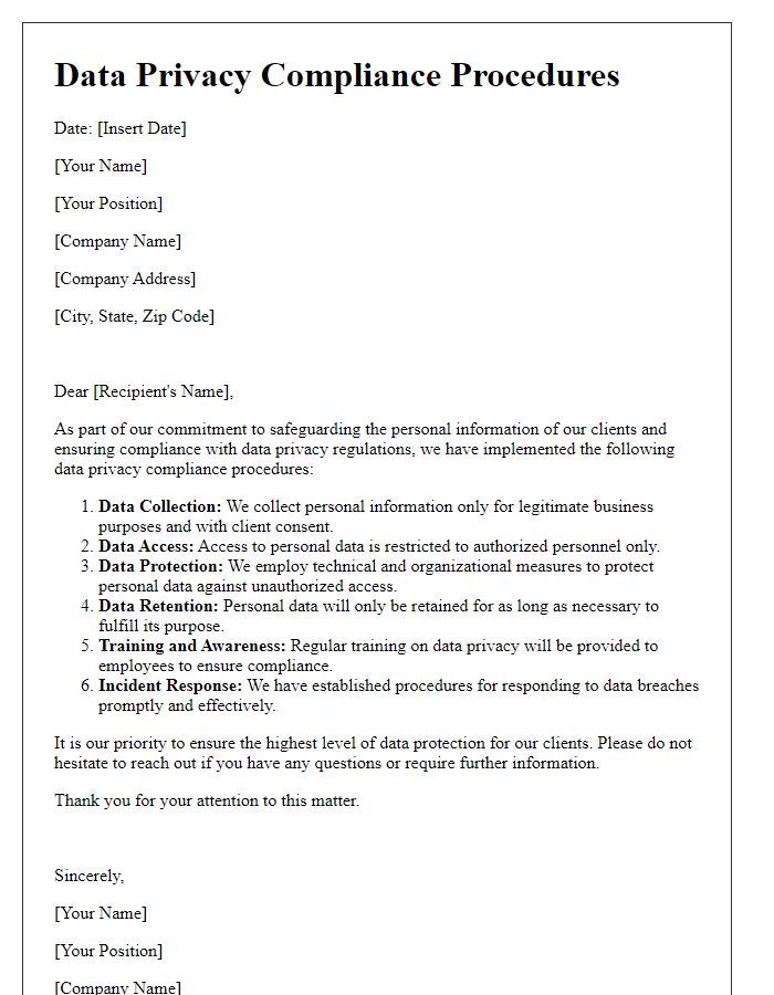 Letter template of data privacy compliance procedures for financial firms