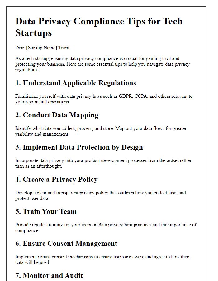 Letter template of data privacy compliance tips for tech startups