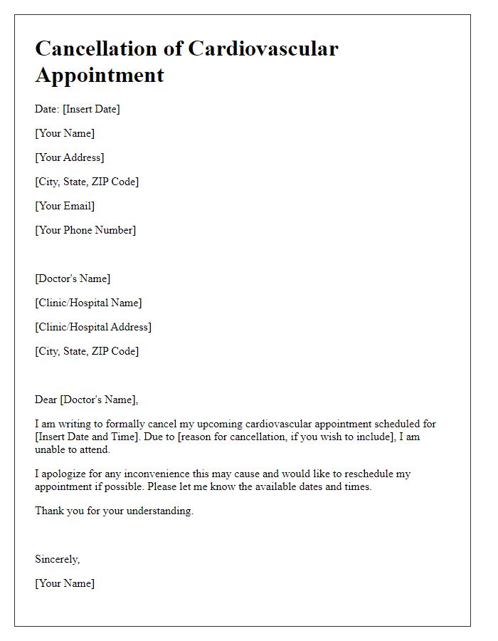 Letter template of cancellation for cardiovascular appointments