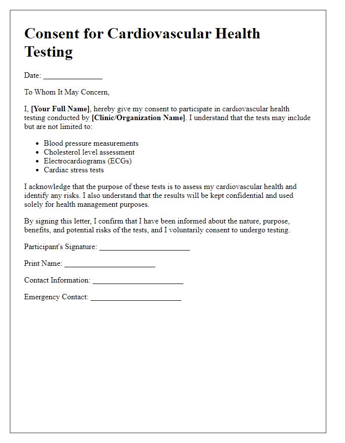 Letter template of consent for cardiovascular health testing