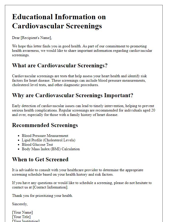 Letter template of educational information on cardiovascular screenings