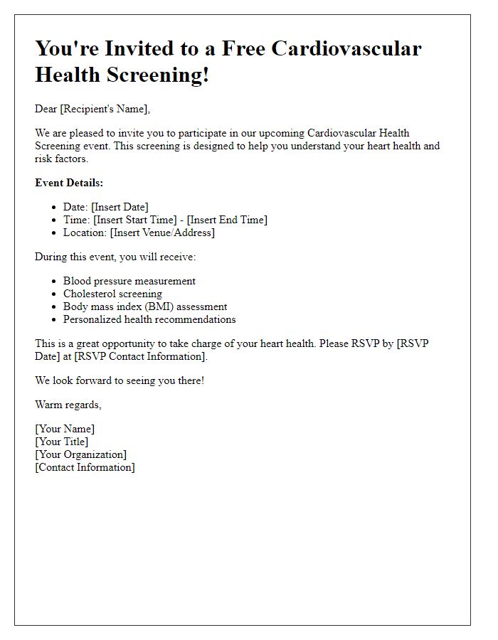 Letter template of invitation for cardiovascular health screenings