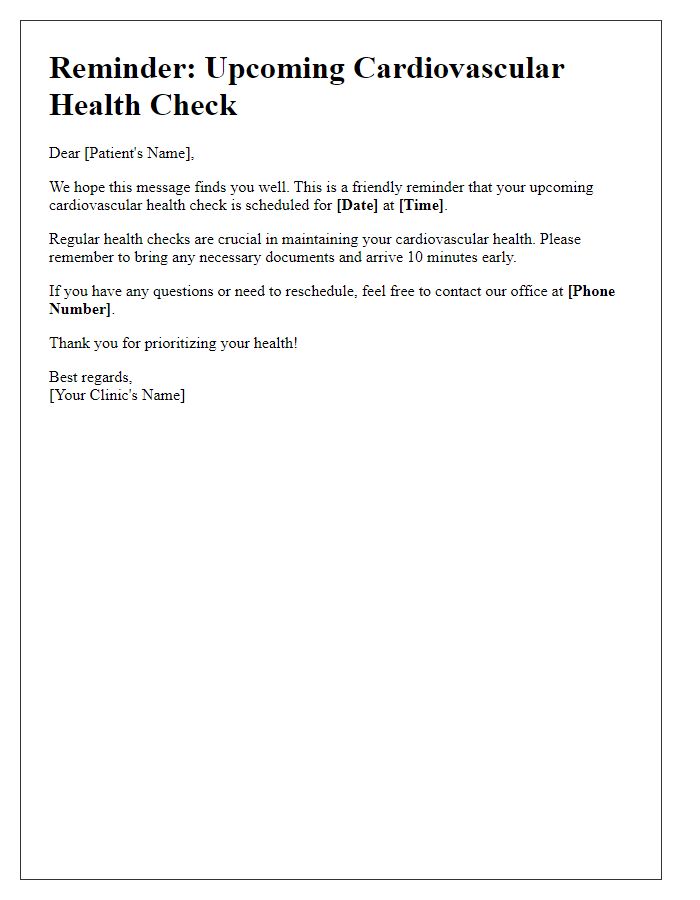 Letter template of reminder for upcoming cardiovascular health checks