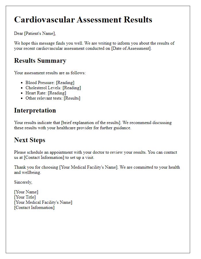 Letter template of results notification for cardiovascular assessments