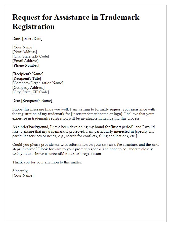 Letter template of assistance request for trademark registration.