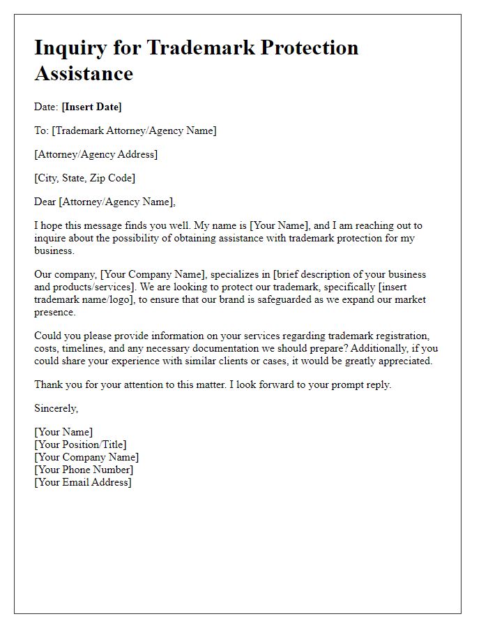 Letter template of inquiry for trademark protection assistance.