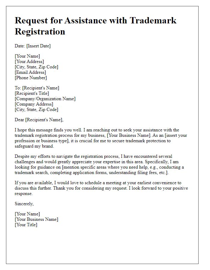 Letter template of request for help with trademark registration.