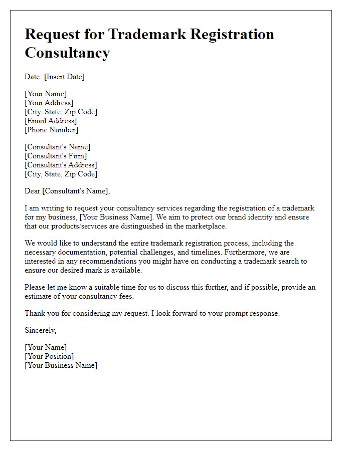 Letter template of request for trademark registration consultancy.