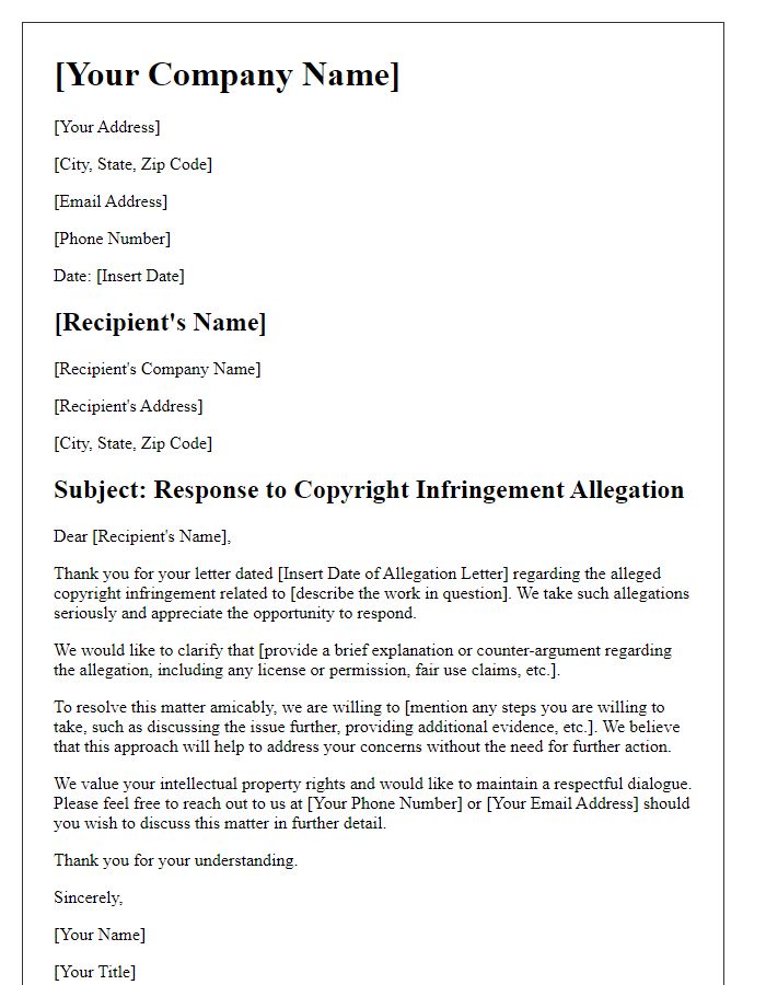 Letter template of copyright infringement allegation response