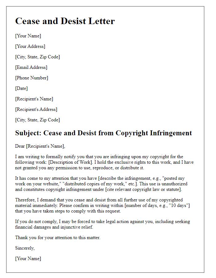 Letter template of copyright infringement cease and desist