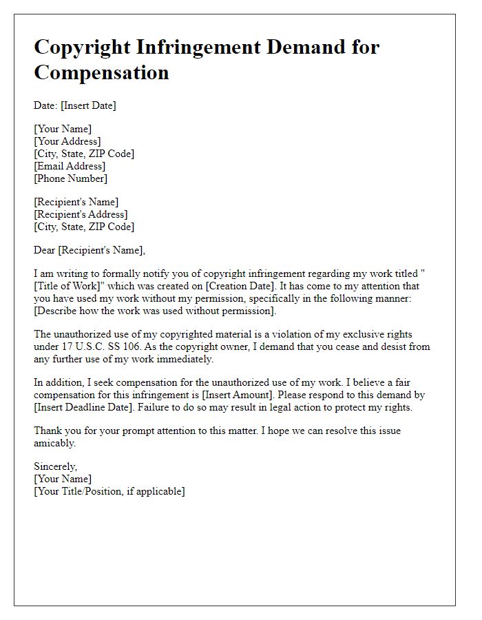 Letter template of copyright infringement demand for compensation