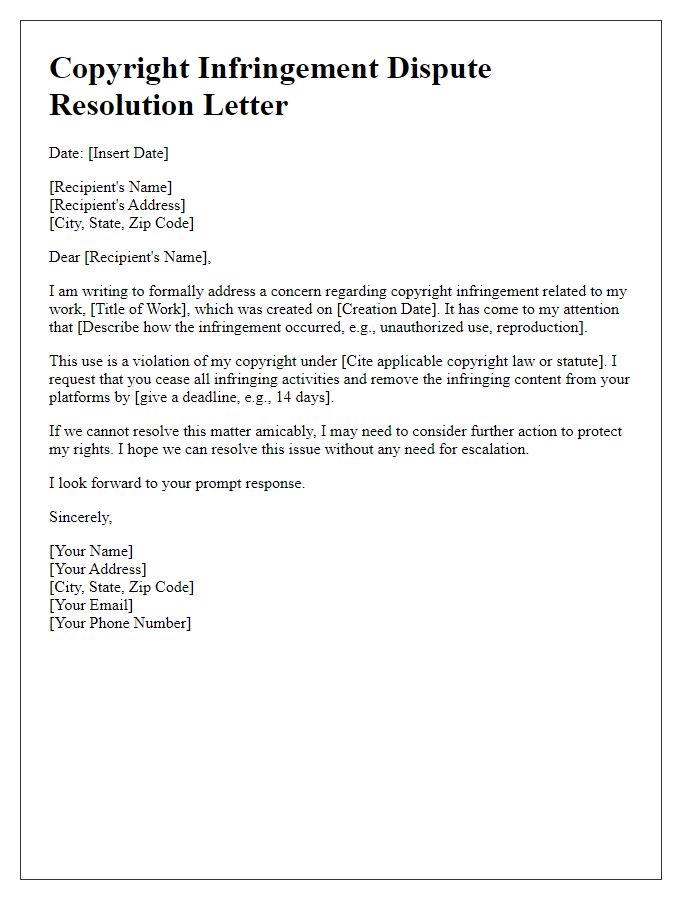 Letter template of copyright infringement dispute resolution