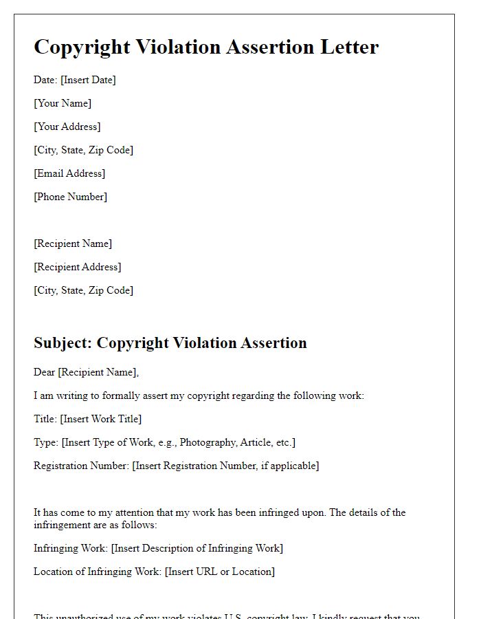 Letter template of copyright violation assertion