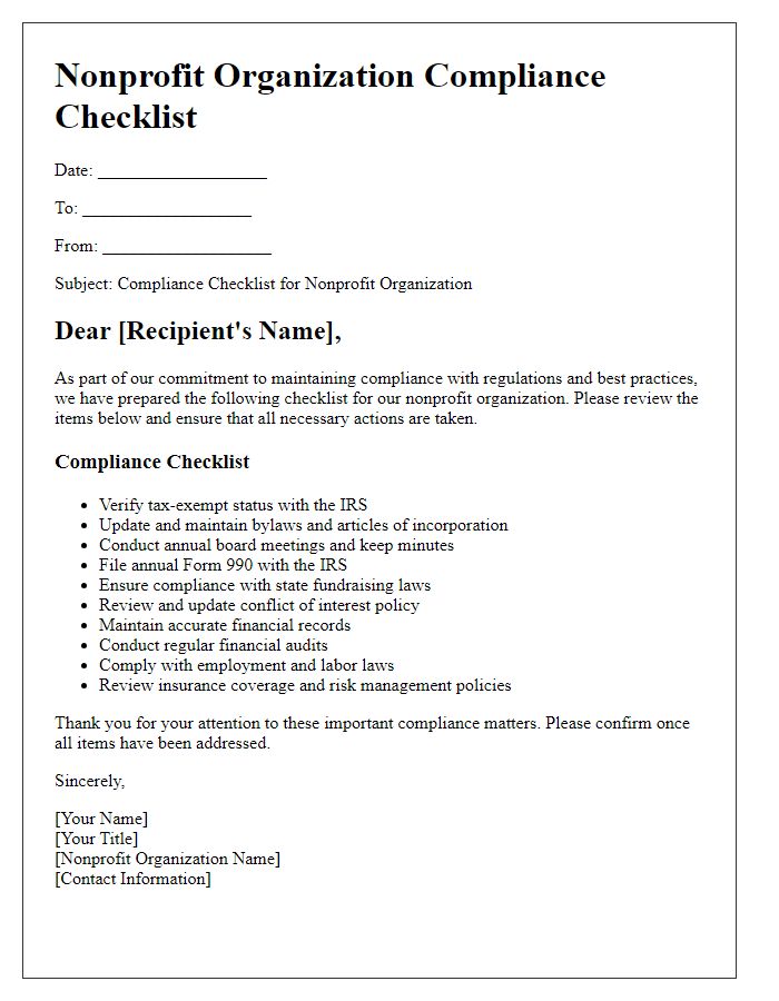 Letter template of nonprofit organization compliance checklist