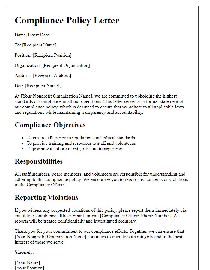 Letter template of nonprofit organization compliance policy