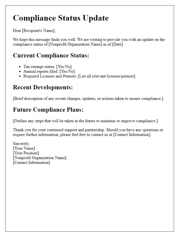 Letter template of nonprofit organization compliance status update