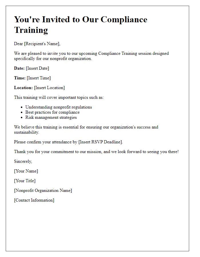 Letter template of nonprofit organization compliance training invitation