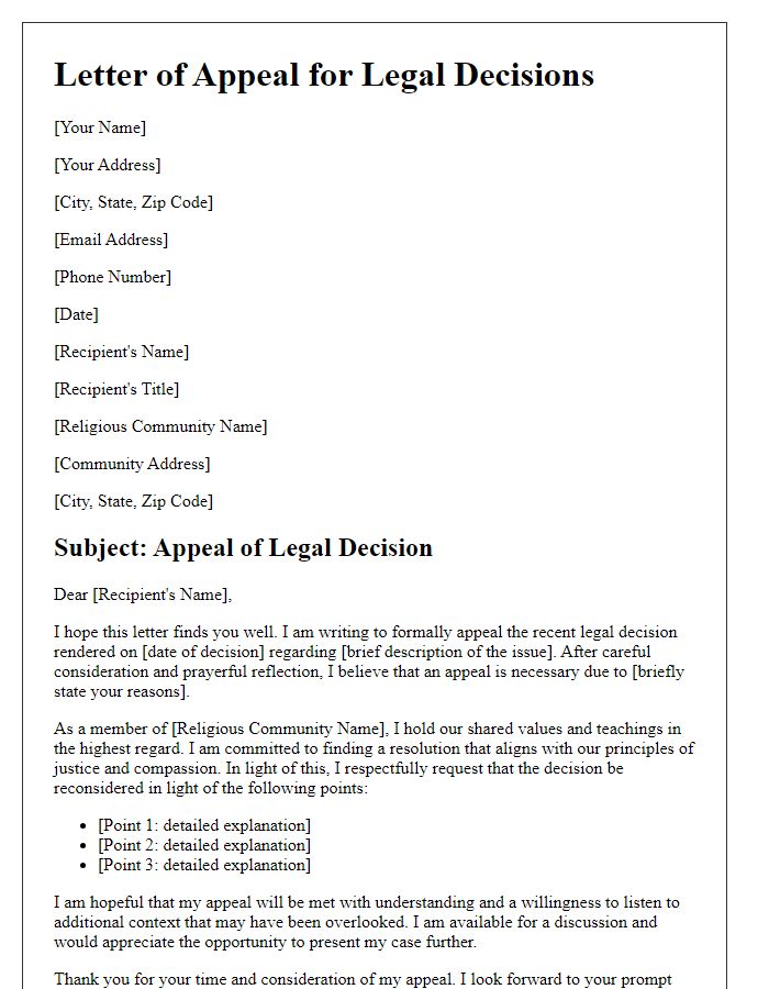 Letter template of appeal for legal decisions within a religious community.