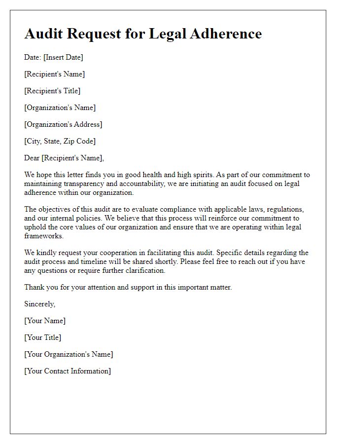 Letter template of audit request for legal adherence in a religious organization.