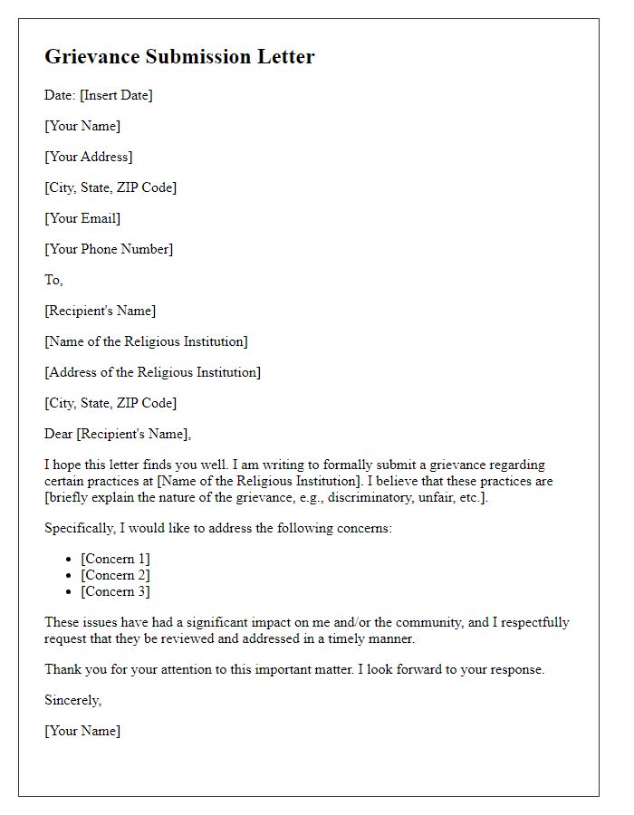 Letter template of grievance submission concerning religious institution practices.