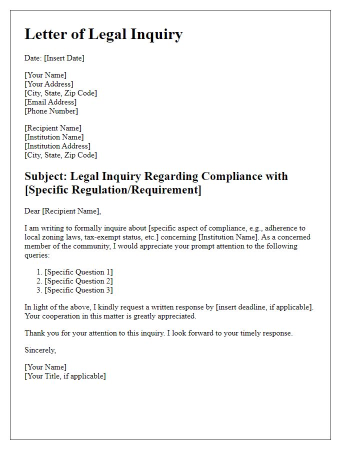 Letter template of legal inquiry for religious institution compliance.