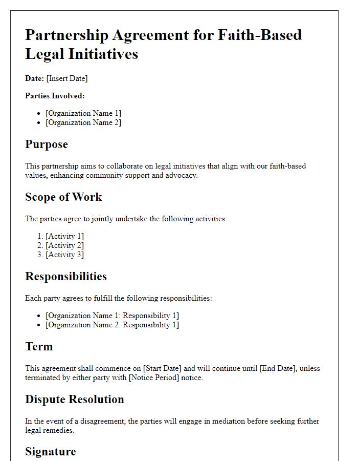 Letter template of partnership agreement for faith-based legal initiatives.