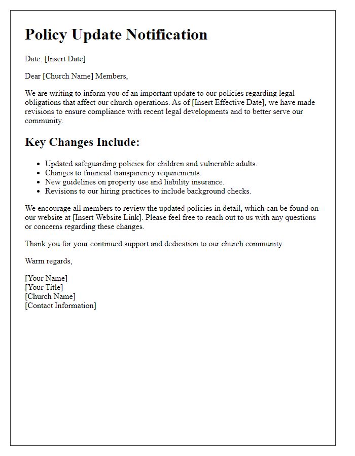 Letter template of policy update regarding legal obligations for churches.