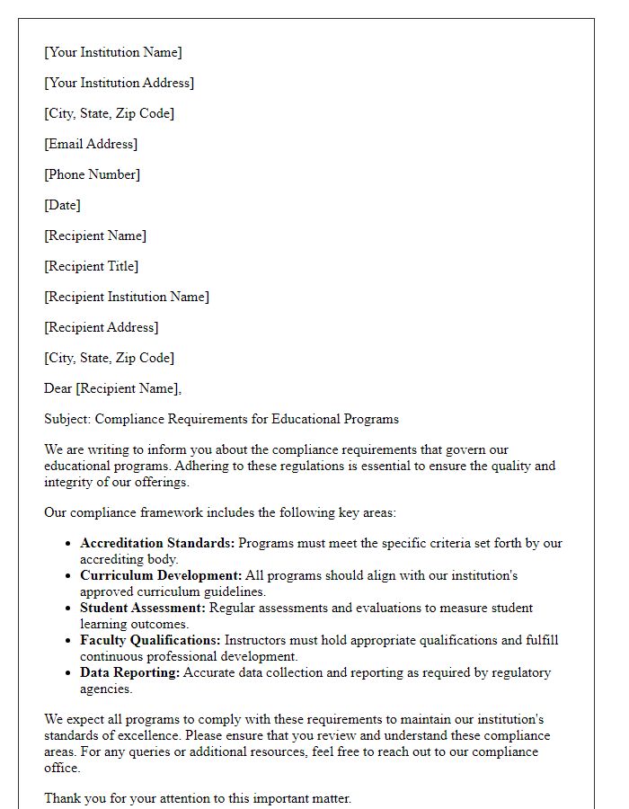 Letter template of compliance requirements for educational programs