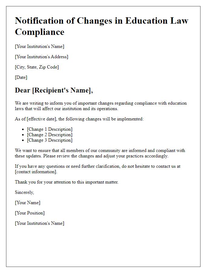 Letter template of notification of changes in education law compliance